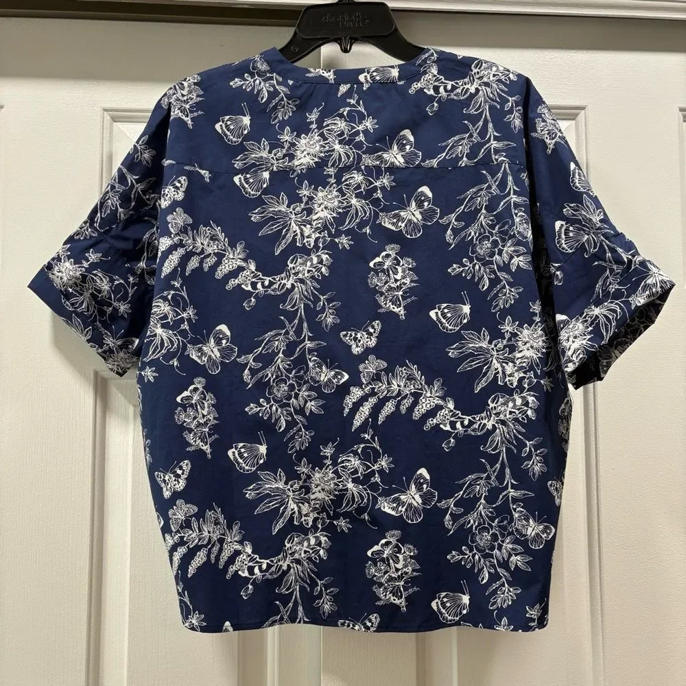 Talbots Navy Blue Floral Butterfly Boxy Short Sleeve Top Size SP Petite
